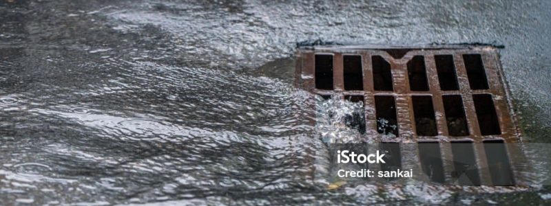 Rainwater flows into the storm drain